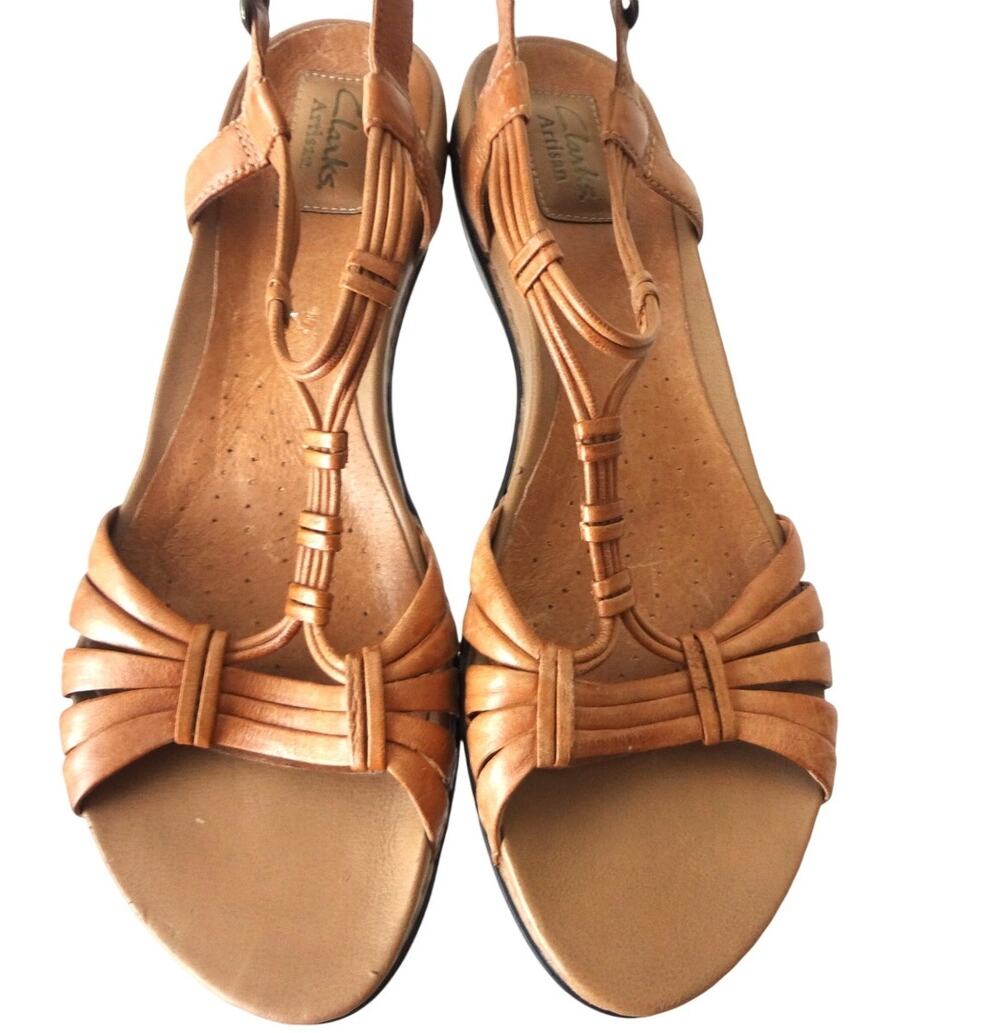 Clarks Artisan Tan Brown Leather T Strap Slingback Sandal Flat Womens 12N Narrow